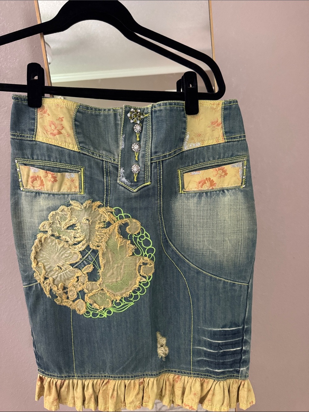 Embellished Denim Skirt with Floral Appliqué - Blue Custo Barcelona